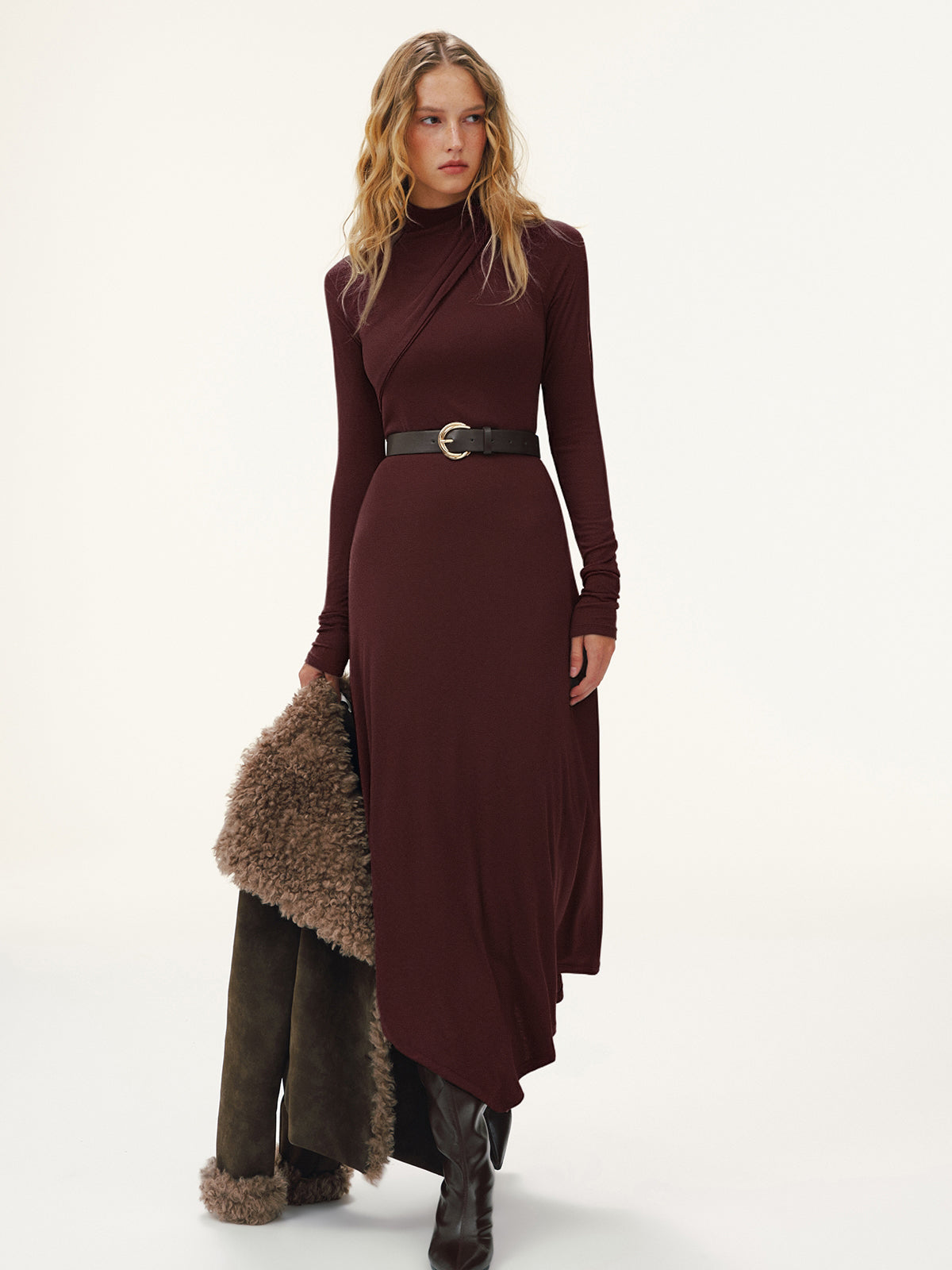 Belted Turtleneck Asymmetric Maxi Dress