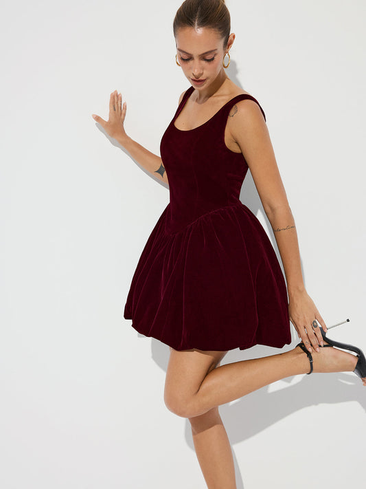Bubble Hem Velvet Strappy Mini Dress