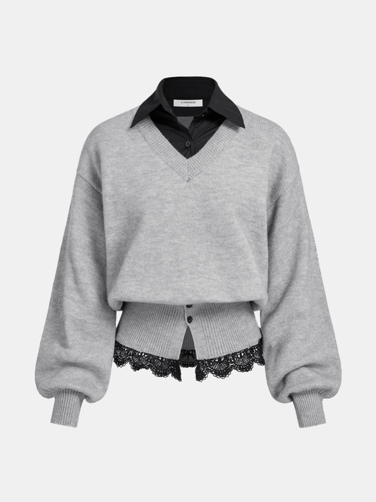 Contrast Collar Lace Hem Sweater